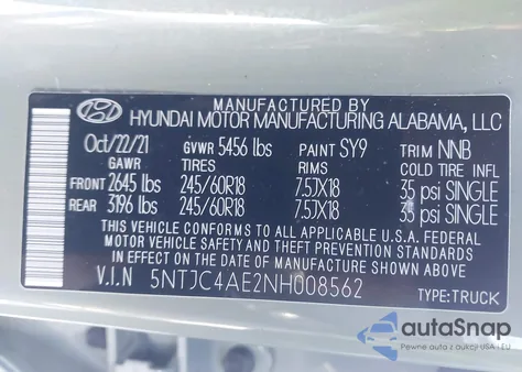 2022 Hyundai Santa Cruz Sel z USA, uszkodzony, nr VIN 5NTJC4AE2NH008562